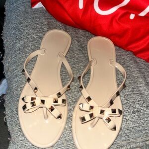 Womens Beige Studded Bow Jelly Sandal sz 39